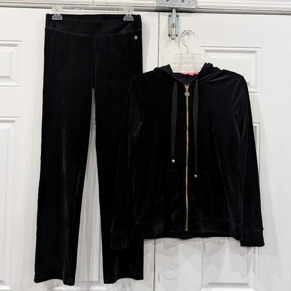 Lilly Pulitzer Black Velour Set XS Small Full Zip Hoodie Sweatpants Lounge